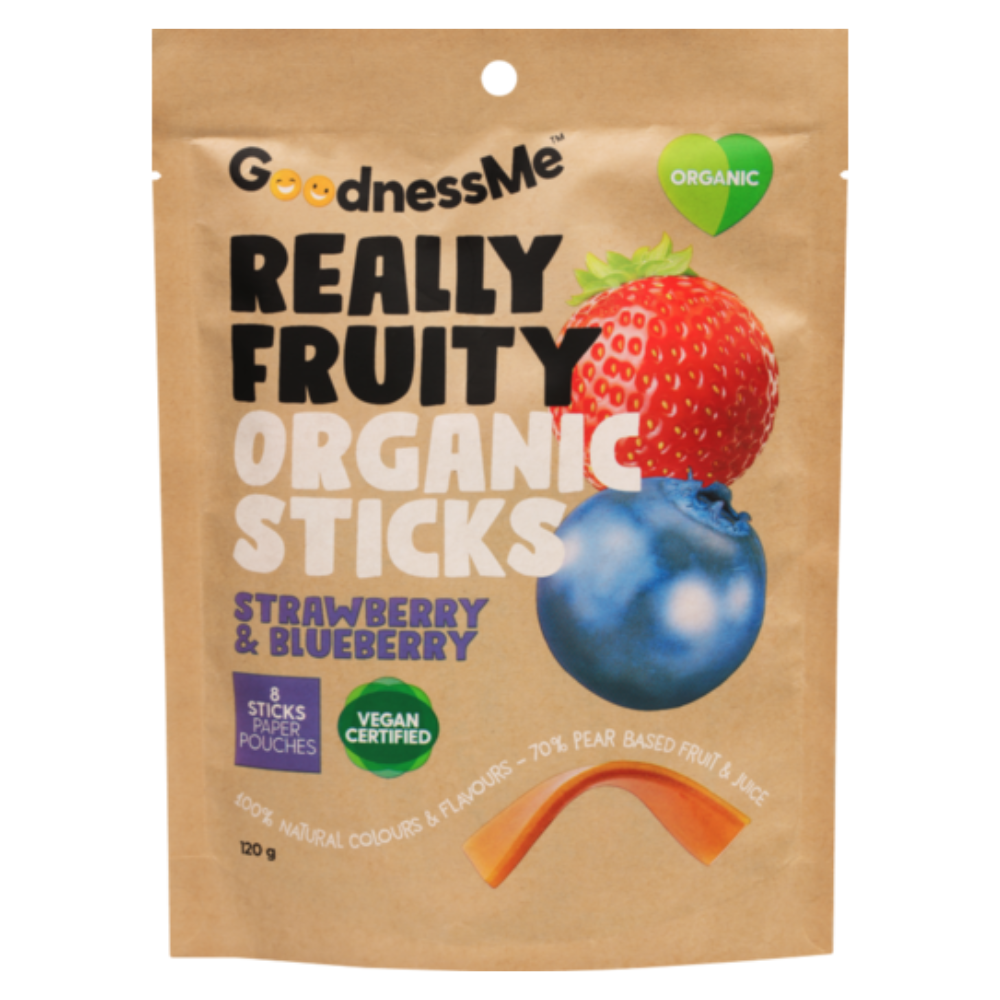 Goodness Me Really Fruity Organic Sticks Strawberry and Blueberry 8 sticks 120g