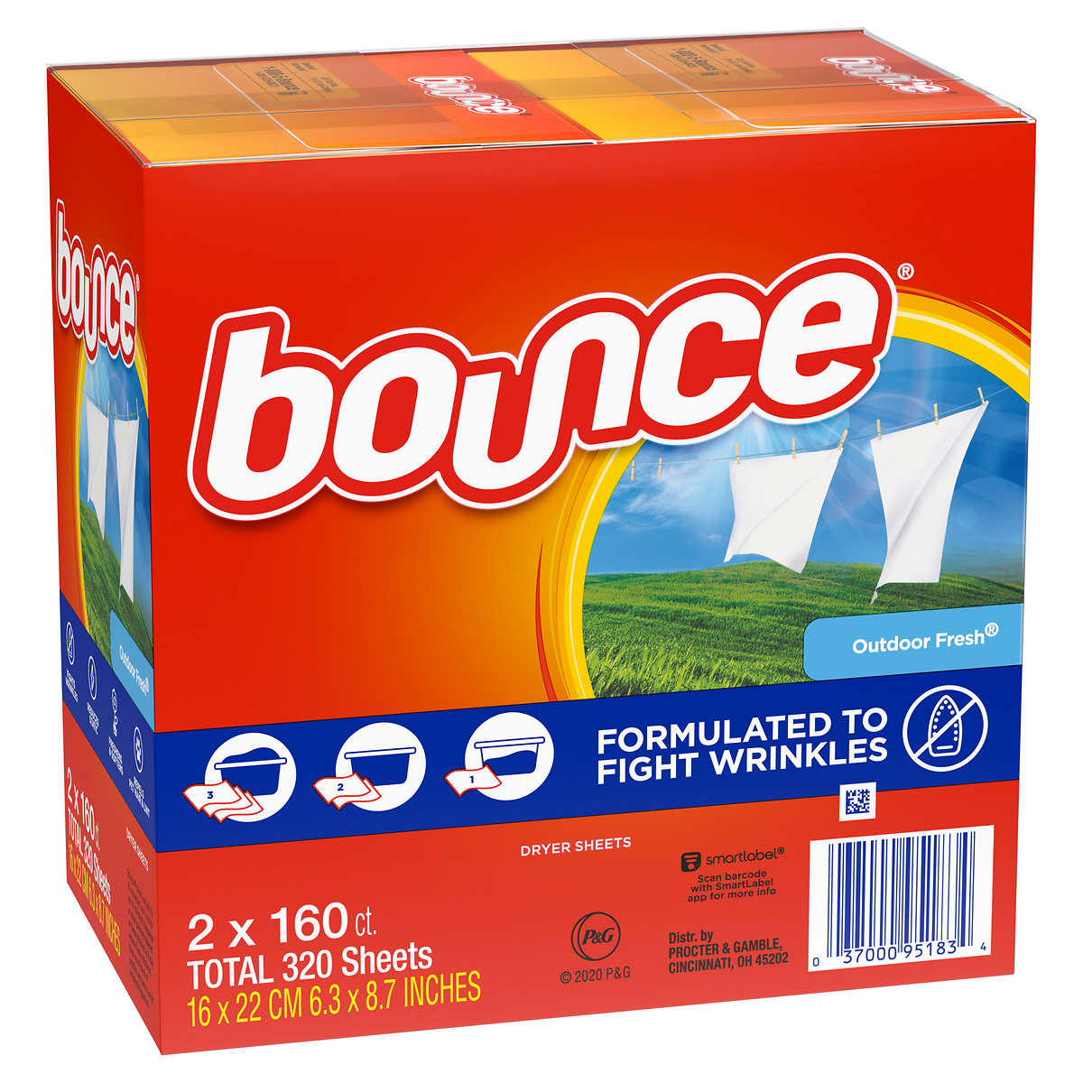 Bounce Fabric Softener Dryer Sheets Outdoor Fresh 2 x 160 Sheets (320 SHEETS)