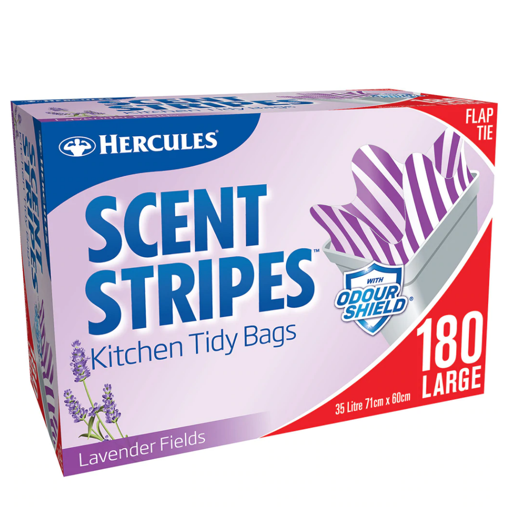 Hercules Scent Stripes Kitchen Tidy Bags with Lavender Odour Shield 35 Liters 71 cm x 58 cm, 180 CT